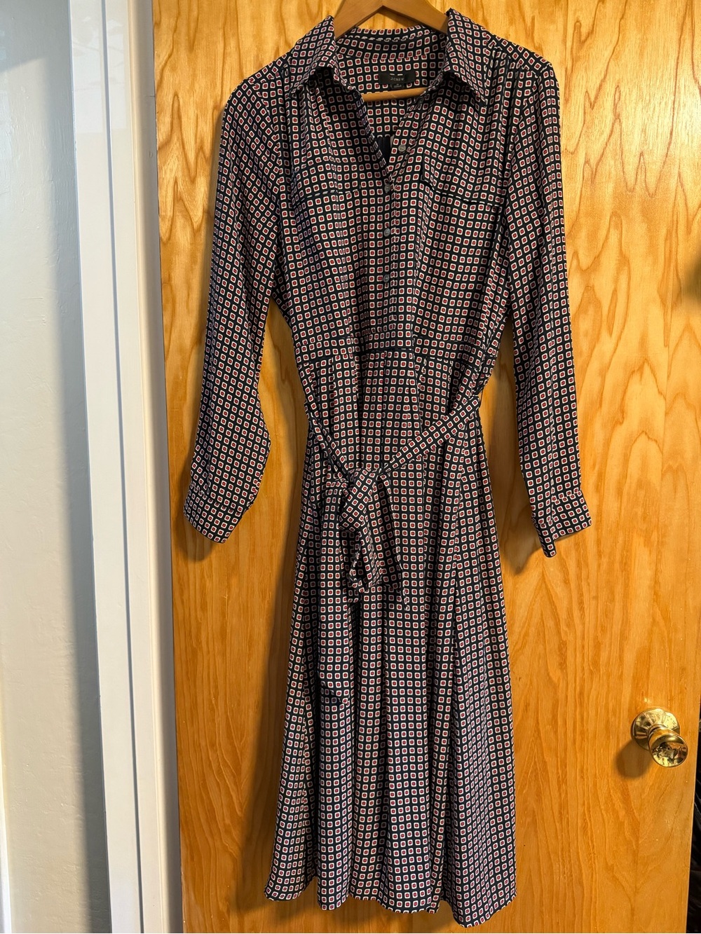 NWT J. Crew Navy and Red Geometric Shirt Dress with Tie Waist 8